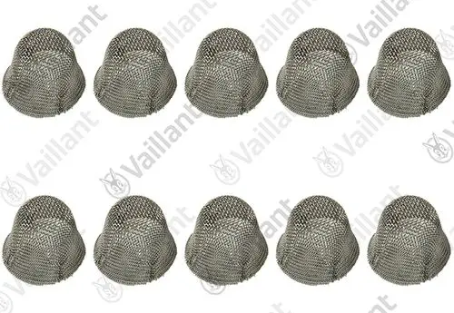 Zehn metallische Filter von Vaillant in Form einer Kuppel, gestaltet für die Installation in Heizsystemen.